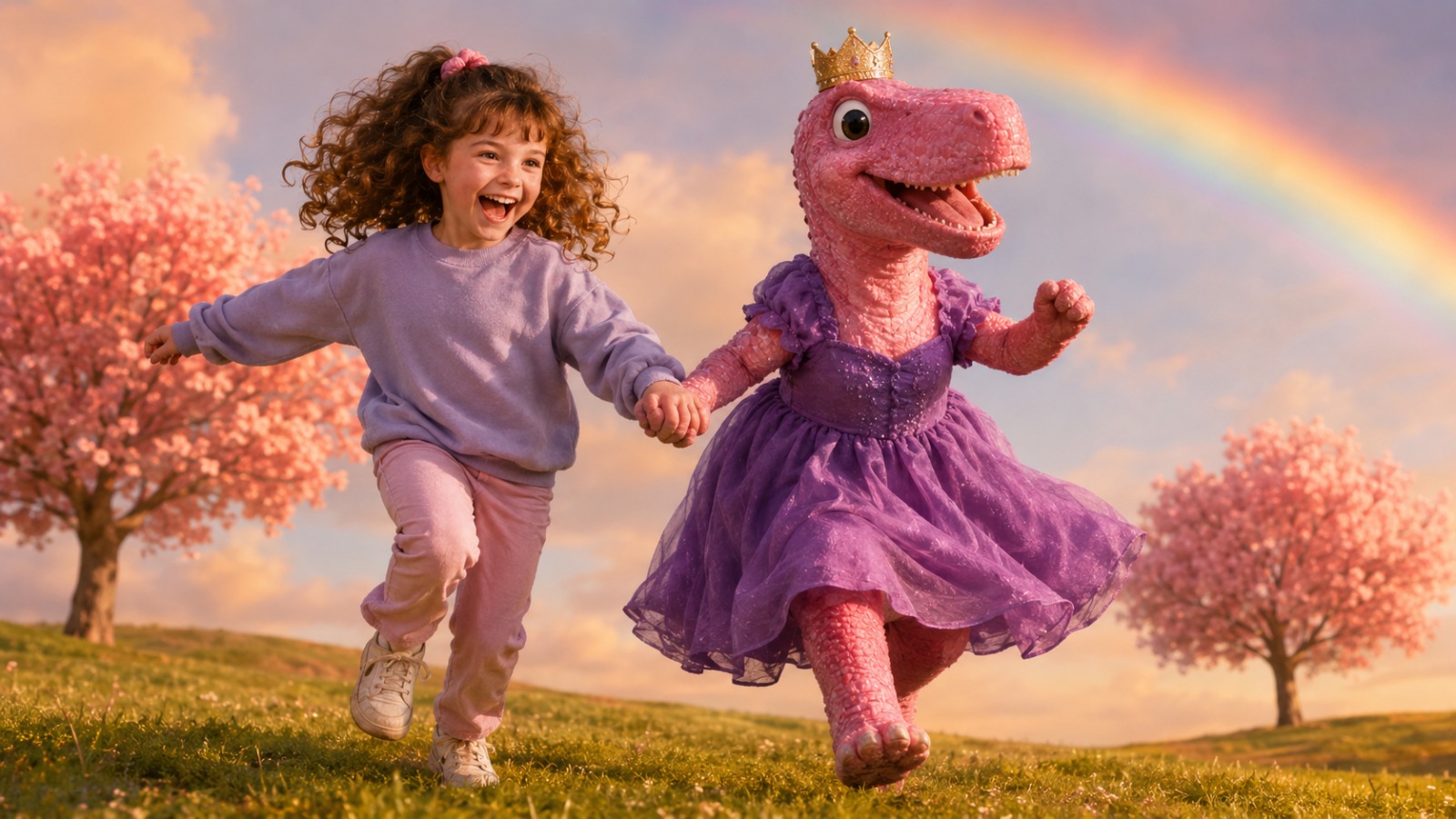 The dinosaur princess made real, skipping hand in hand with the girl under a rainbow